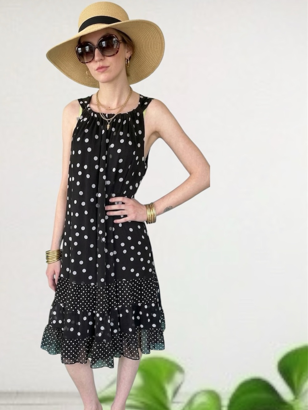 JBS Blk & White Polka Dot Chiffon Sleeveless Women’s SZ 14W fit & Flared Dress